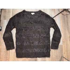 Joseph A Black Eyelash Fuzzy Striped Knit Sweater Womens Medium Pullover